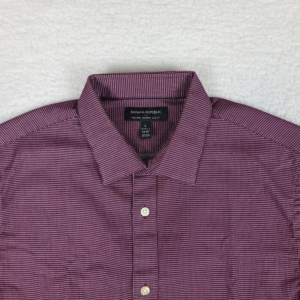 Banana Republic Shirt Mens Large Dark Red White Non Iron Tailored Slim Button Up